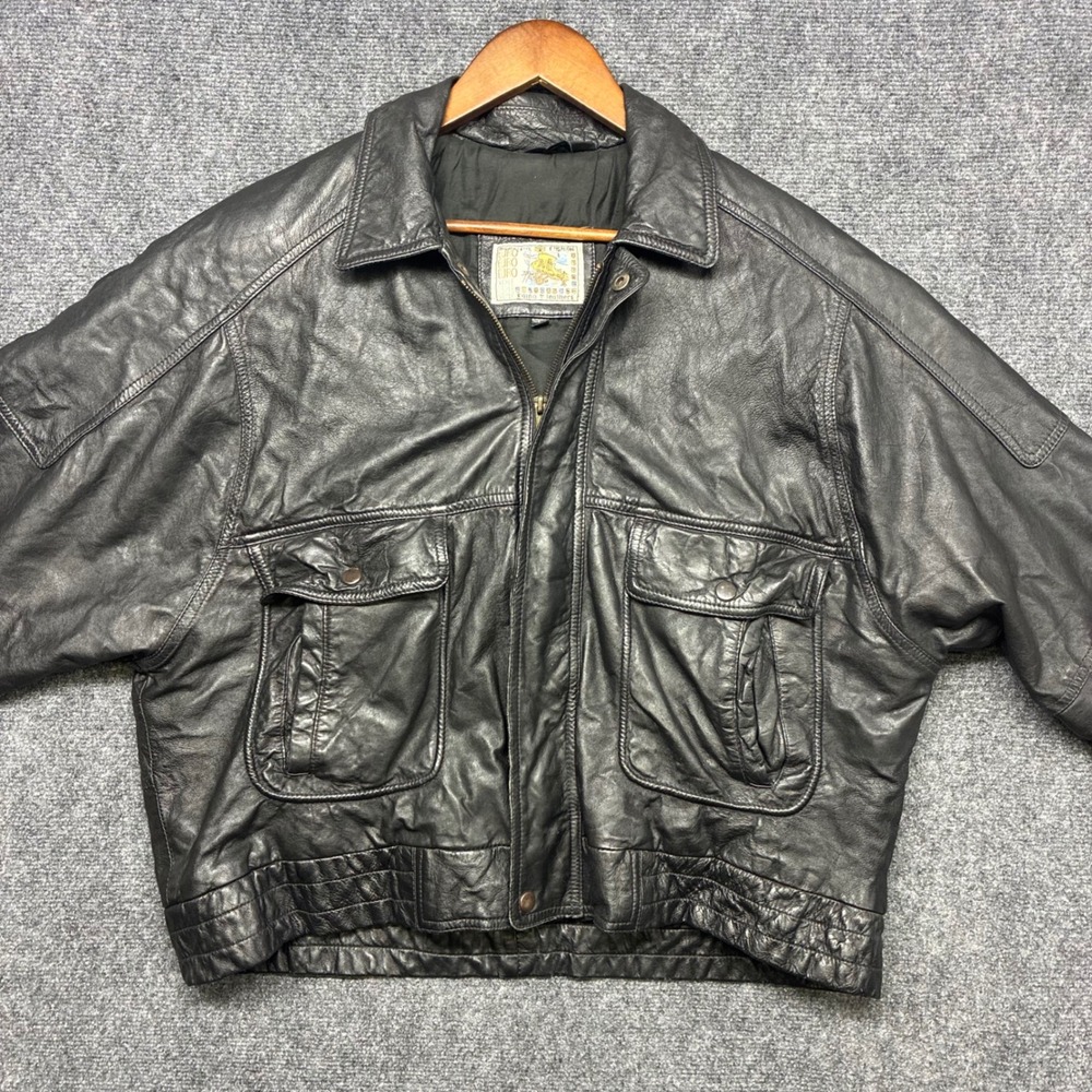 Vintage Gino Leathers Black Bomber Jacket Euro Style Cropped Cargo Coat Large